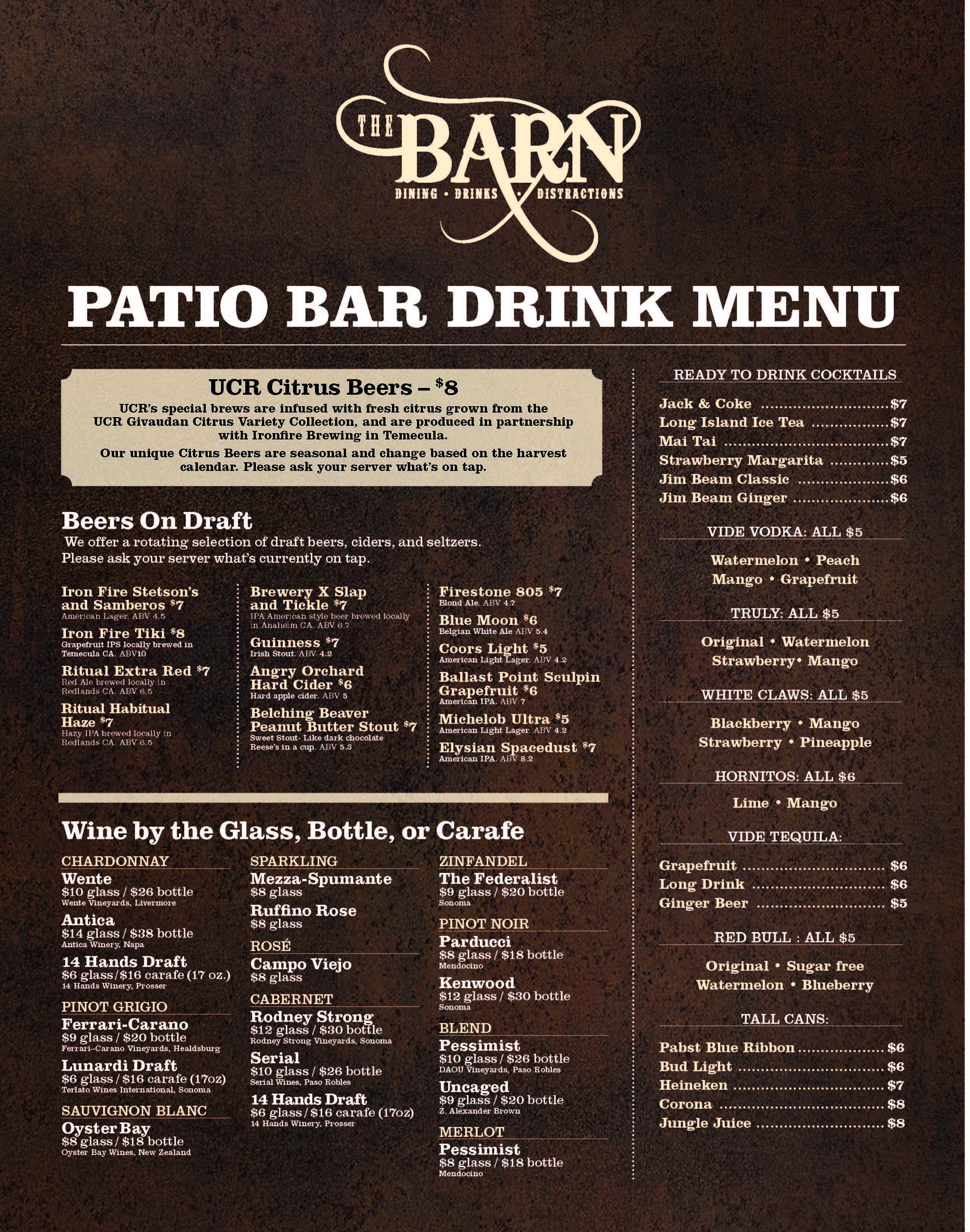 The Barn Patio Drink Menu