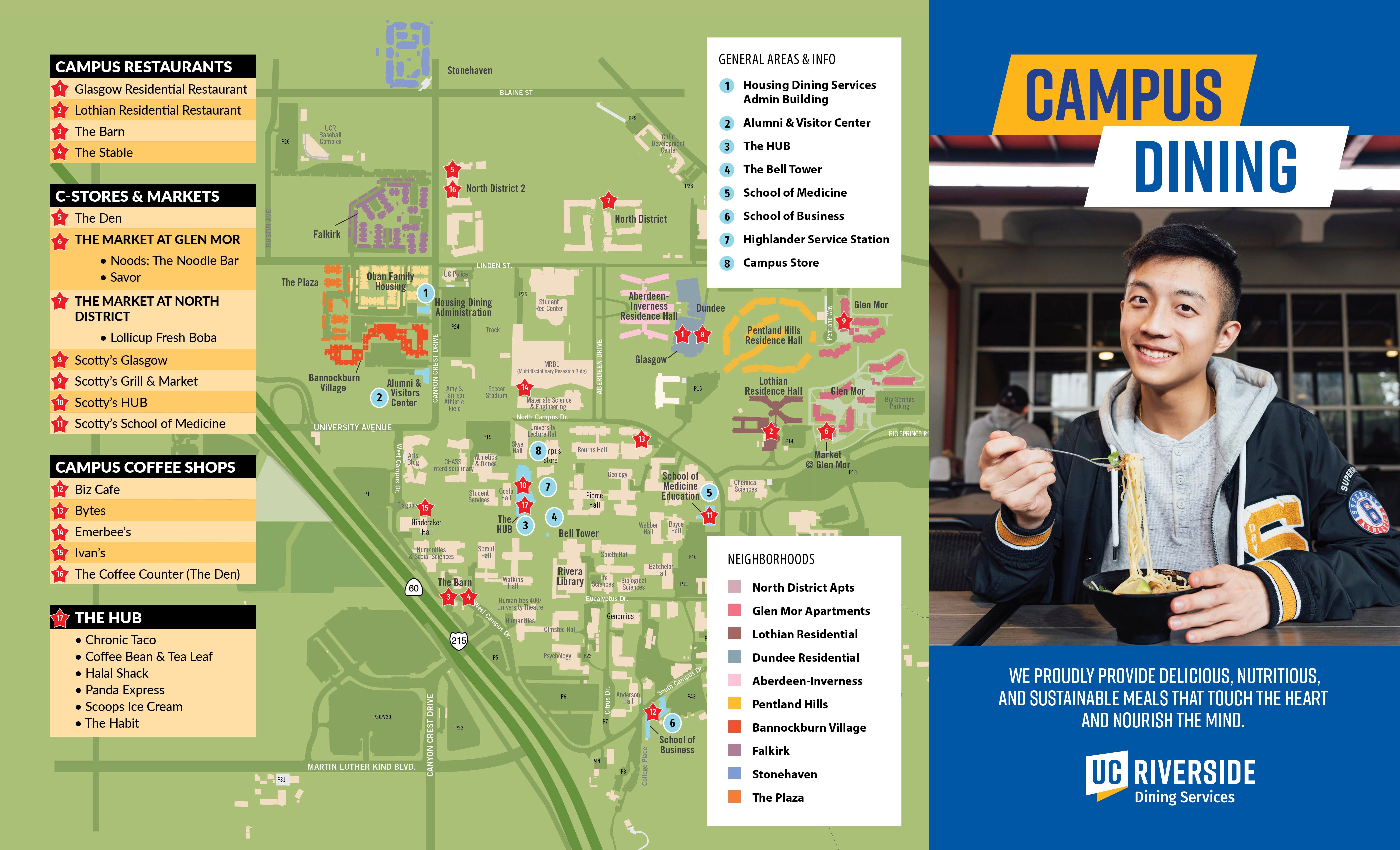 Illustrated map showing dining locations on campus.