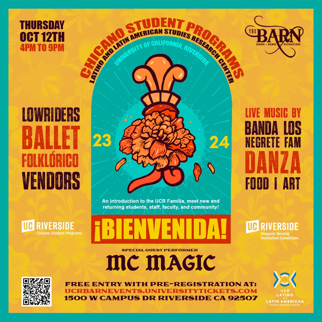 Bienvenida with Lowriders, Vendors, Ballet Folklorica, Banda Lost Negrete Fam, Food, Art, Danza special guest performer MC Magic. Free entry with pre-registration.