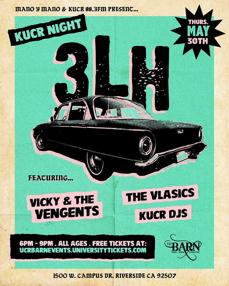 KUCR Night Thursday May 30 featuring 3LH, Vicky and the Vengents, the Vlasics, and KUCR DJS. Free to all ages from 6 pm to 9 pm.