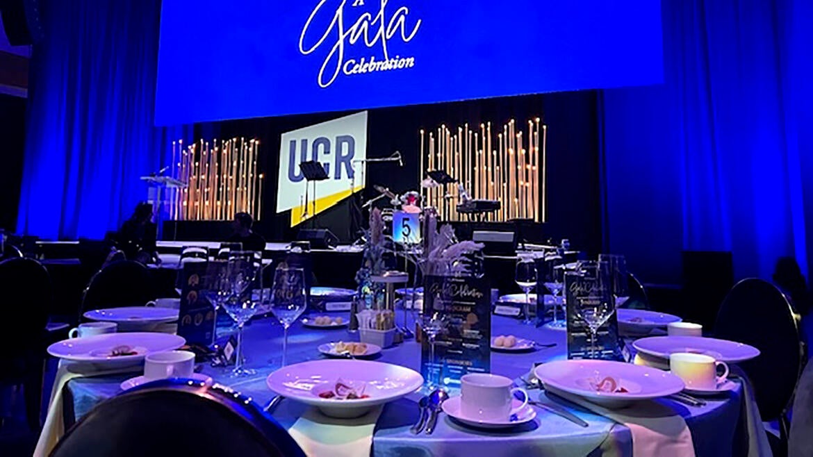 The UCR Honors Gala with place settings, linens, centerpieces and cloth napkins.