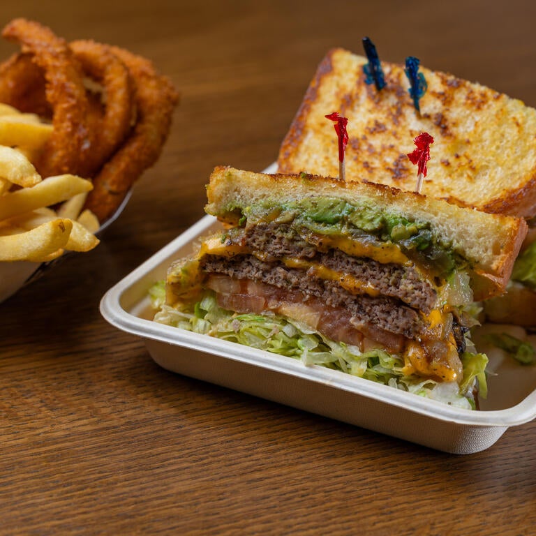 Santa Barbara Charburger, fries and onion rings from the Habit at the HUB.