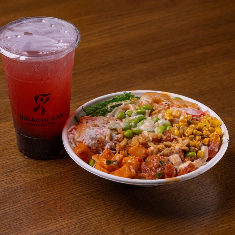 A poké bowl and drink from Hibachi San at the HUB.