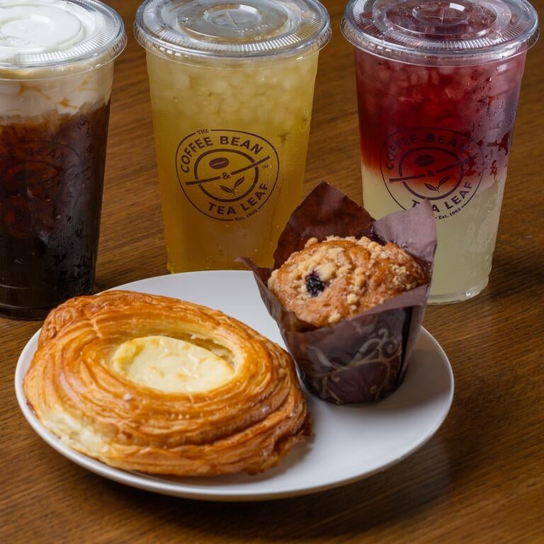 A danish, muffin, and drinks from the Coffee Bean and Tea Leaf at the HUB.
