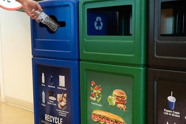 throwing water bottle in recycling bin