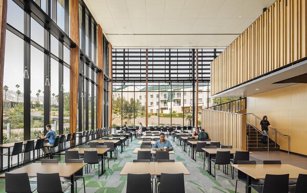 Glasgow indoor atrium with students eating