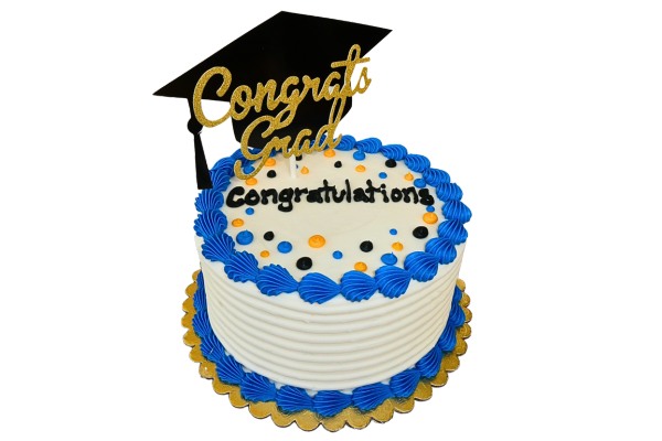 White and blue UCR graduation cake