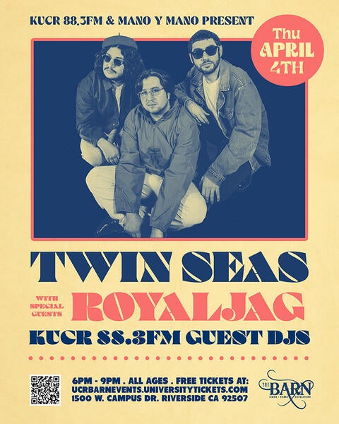 Live at The Barn on April 4 from 6:00 pm to 9:00 pm, Twin Seas with special guests Royal Jag. Free tickets for all ages.