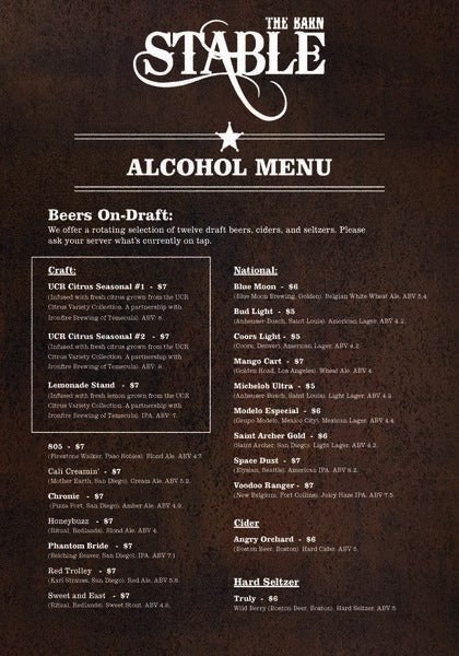 Beers On-Draft: We offer a rotating selection of twelve draft beers, ciders, and seltzers. Please ask your server what’s currently on tap.