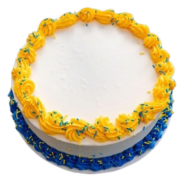 white cake with ucr-colored piping