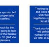 Examples of Text N Tell feedback, including asking for vegetarian options and less salt on the Brussels sprouts.