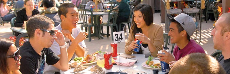 Students eating at outdoor patio