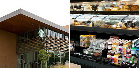 Starbucks Bakery, entrance, staff, and cashier collage